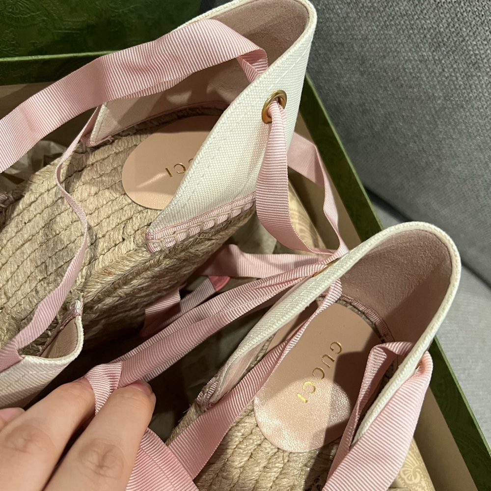 NEW Gucci GG Judie Lace Up Ballerina Espadrille Wedges - Picture 14 of 16